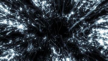 abstrakt vit ljus spår och partiklar formning dynamisk energi flöden på mörk bakgrund, trogen digital rörelse med djup och lysande rader. video