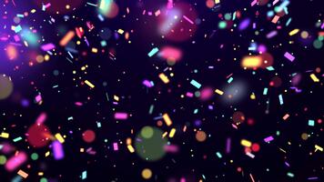 faller färgrik konfetti partiklar och skön lysande bokeh. färgrik abstrakt bakgrund för högtider och födelsedagar 3d, 4k, sömlös slinga. video
