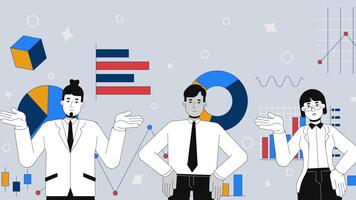 team samarbete på analys 2d blandad media animation. analys statistik lagarbete. data vetenskapsmän presenter grafer diagram animerad collage tecknad serie platt begrepp 4k kreativ sluta rörelse video