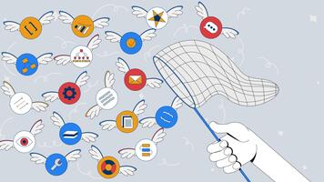 gérant travail le chaos 2d mixte médias animation. Tâches productivité. beaucoup Icônes avec ailes en volant autour. main avec contagieux net organiser Animé collage dessin animé plat concept 4k Arrêtez mouvement video