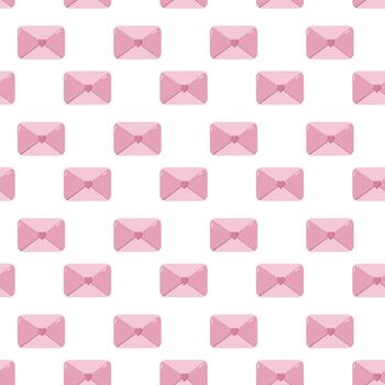 Seamless pattern of pink envelopes with heart seals arranged in a soft offset grid on a clean white background. Cute romantic design for wrapping paper, textiles, stationery, party decor and Valentine themes vector