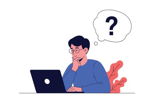 pensativo joven hombre en lentes utilizando ordenador portátil con pregunta marca pensamiento burbuja para problema resolviendo y Preguntas más frecuentes concepto vector