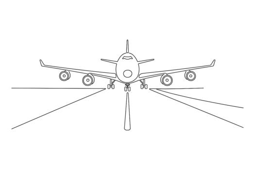 Front view line drawing of a large passenger jet airplane on a runway ready for takeoff vector