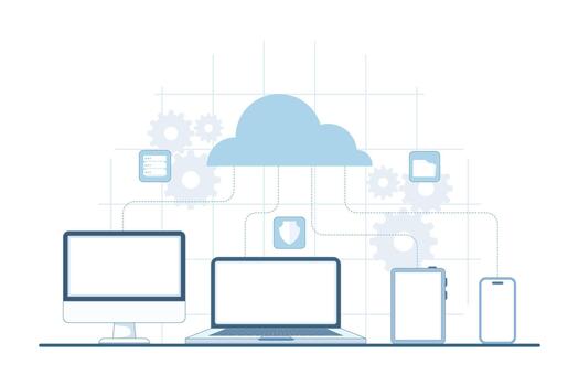 nube informática tecnología concepto con digital dispositivos conectado a nube servidores. ilustración para datos almacenamiento, nube red, eso infraestructura, y digital transformación. vector