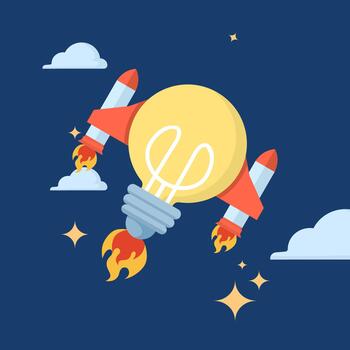 innovación y creativo idea concepto demostración bombilla con cohete lanzamiento. ilustración para imaginación, rápido crecimiento, tecnológico descubrimiento, y victorioso negocio estrategia. vector