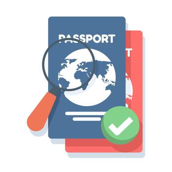 pasaporte cheque concepto con aumentador vaso y aprobación icono. ilustración para identidad verificación, viaje documento validación, inmigración control, y seguridad controlar. vector