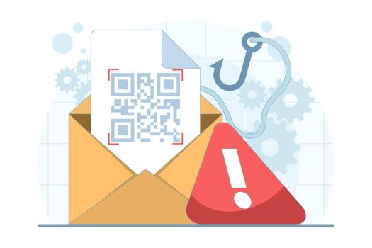 aplastamiento la seguridad cibernética concepto demostración malicioso qr código suplantación de identidad y fraude detección. ilustración para correo electrónico suplantación de identidad ataques, datos robo prevención, y en línea seguridad conciencia. vector