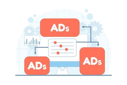 programático publicidad concepto con tiempo real anuncio colocación y ofertas herramientas. ilustración para automatizado anuncio mejoramiento, digital medios de comunicación comprar, analítica ui, y márketing tecnología. vector