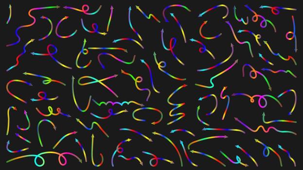 Colorful Curved Arrow Set with Rainbow Gradient Flow Lines on Dark Background vector