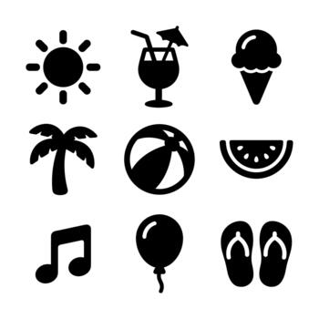 Simple Black Silhouette Summer Elements Icon Set Various Isolated Objects vector