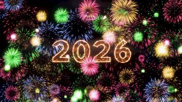 d'oro 2026 sparkler testo animazione con colorato fuochi d'artificio esplosione nel stellato notte cielo con nube, nuovo anno vacanza celebrazione festa Schermo evento e luminosa pirotecnico Festival sfondo ciclo continuo. video