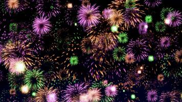 un vistoso fuegos artificiales Estallar modelo con múltiple explosión objetos ejecutando continuo iluminación acción en brillante festivo celebracion ambiente. video