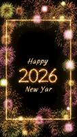 gyllene Lycklig 2026 ny år text animering inuti lysande sparkler fyrkant ram med färgrik fyrverkeri explosion bakgrund, Semester firande fest hälsning slinga och pyrotekniska visa. video