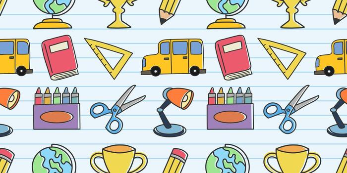 Simple hand drawn back to school seamless pattern with cute and colorful school elements. Perfect for backgrounds and creative design use vector