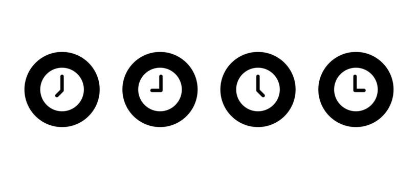 Clock and time icon set in black circle. Alarm, hour, and timer symbol vector