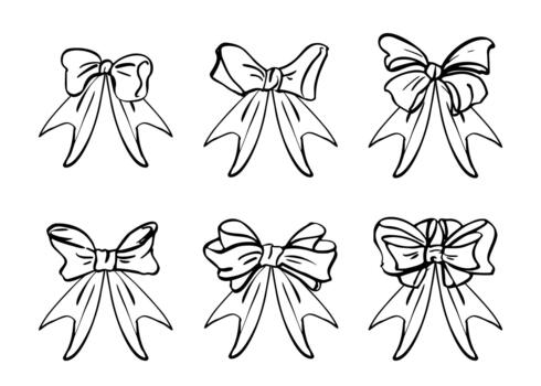 Assorted ribbon bows in minimalist flat style with clean contours, vintage multiple loops. illustration hand drawn in ink. Web icons, Christmas festive labels, and light packaging graphics. vector