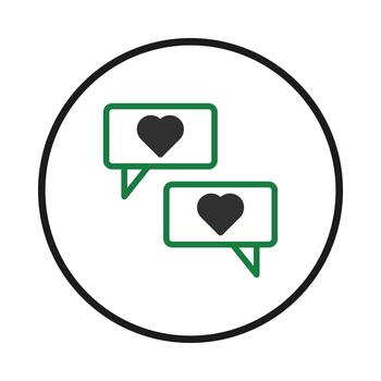 Love themed messaging concept showing two heart icon chat bubbles within a circular frame design vector