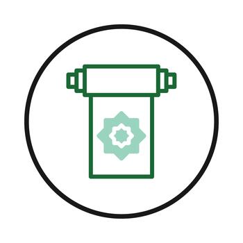 Minimalist representation of a rolled prayer mat with geometric patterns inside circular design vector