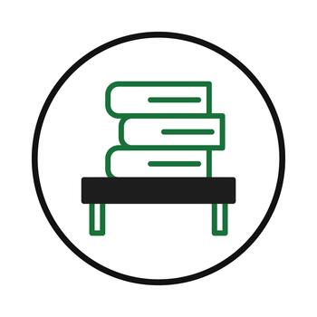 Stacked books representation on table within circular frame academic theme isolated illustration vector