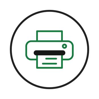Stylized printer icon illustration showing a device releasing a document within a circular format vector