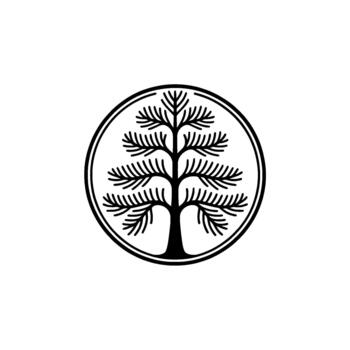 un estilizado ilustración de un conífero hojas perennes árbol con simétrico ramas adjunto dentro un circular frontera vector