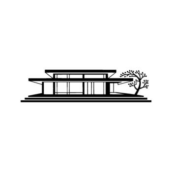 A sleek and minimalist silhouette of a modern architectural house with horizontal rooflines and large windows alongside a stylized abstract tree vector