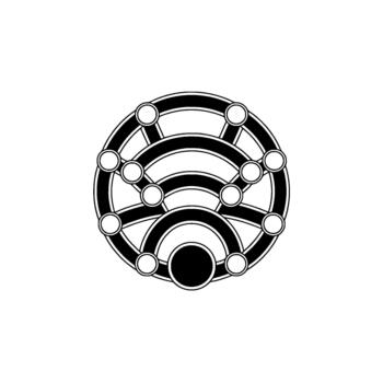 A circular abstract geometric featuring interlocking concentric arcs and connected outlined circles vector