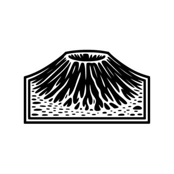 minimalista ilustración de un estilizado volcán con lava fluir emanando desde el cráter y agrupación a el base dentro un negrita rectangular frontera vector