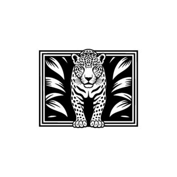 un estilizado ilustración de un feroz jaguar en pie centralmente dentro un decorativo rectangular marco adornado con resumen follaje elementos vector