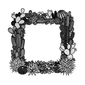 un detallado línea Arte decorativo cuadrado marco compuesto de varios Desierto cactus y suculentas con intrincado patrones y texturas vector