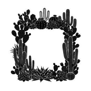 un decorativo silueta frontera compuesto de varios Desierto cactus y suculento plantas arreglado en un rectangular marco vector