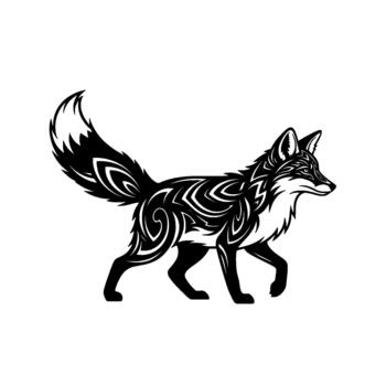 Stylized illustration of a walking fox with intricate tribal patterns and sharp facial features isolated vector