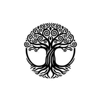 intrincado árbol de vida emblema exhibiendo entretejido ramas y raíces dentro un circular marco representando crecimiento y interconexión para espiritual y filosófico temas vector