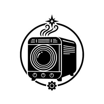 Retro television set emblem showcasing vintage broadcast technology and intricate mechanical details within a circular for media and communication concepts vector