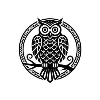 detallado búho emblema exhibiendo intrincado pluma patrones y un circular céltico nudo representando sabiduría y antiguo conocimiento conceptos vector