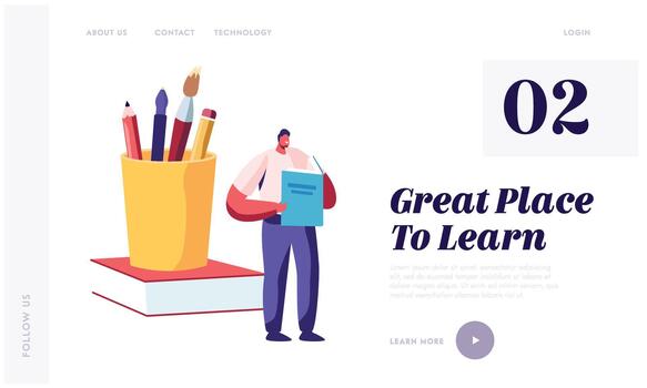 Back to School, Knowledge Website Landing Page, Man College or University Student Reading Book, Tiny Character Learn with School vector