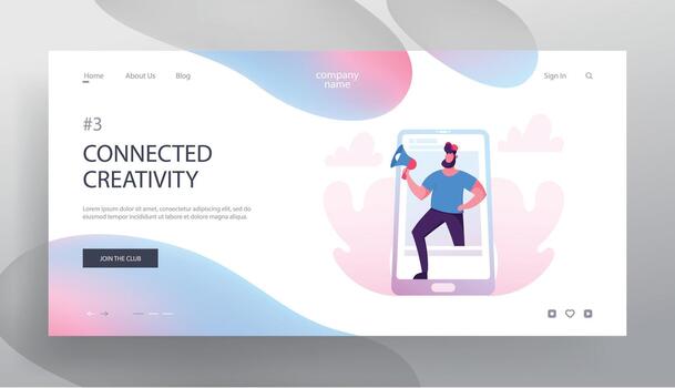 blogger radiodifusión enviar sitio web aterrizaje página, blogueando, social medios de comunicación redes concepto. enorme hombre con megáfono vector