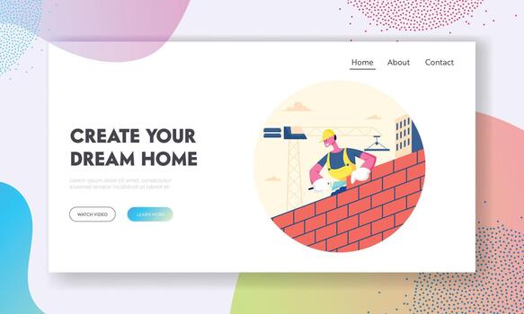 hombre constructor trabajando a construcción sitio sitio web aterrizaje página. trabajador vistiendo casco y uniforme participación paleta poner vector