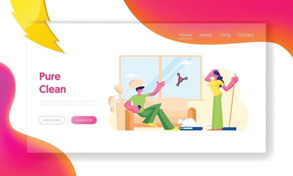 Smart Technologies in Human Life Website Landing Page. People Use Robots in Household Chores, Automated Window and Vacuum vector