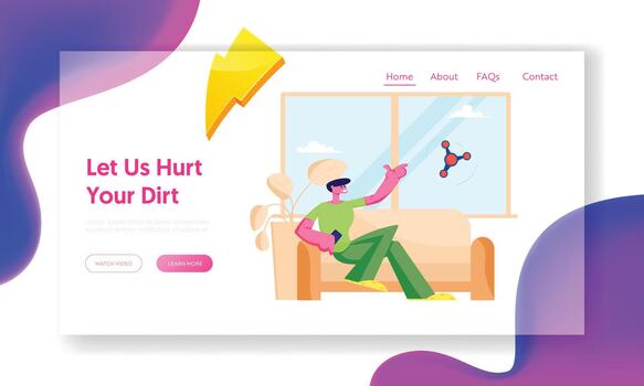 Man Use Robot in Household Chores Website Landing Page. Smart Technologies in Human Life. Automated Window Cleaner Doing Housework vector