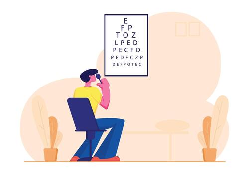 Eyesight Check Up Procedure in Clinic. Man Looking at Test Chart for Vision Checkup. Patient in Oculist Office Optician vector
