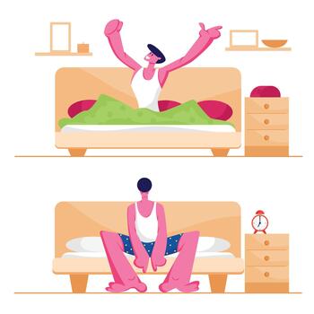 Man Waking Up at Morning in Different Mood Set. Happy Character Stretching Sitting on his Bed after Getting Up. Sad Sleepy Guy vector