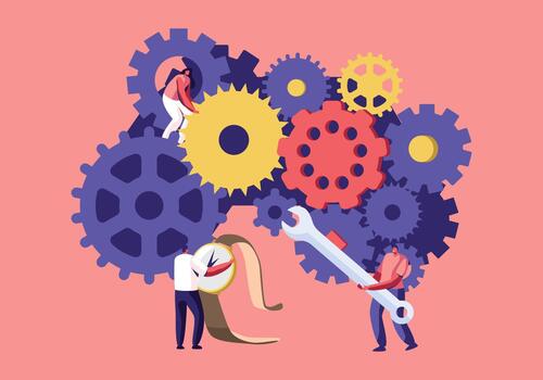 personas fijación roto relojes y mirar. minúsculo hombres y mujer caracteres en escaleras con reparar herramientas y instrumentos a enorme engranajes vector