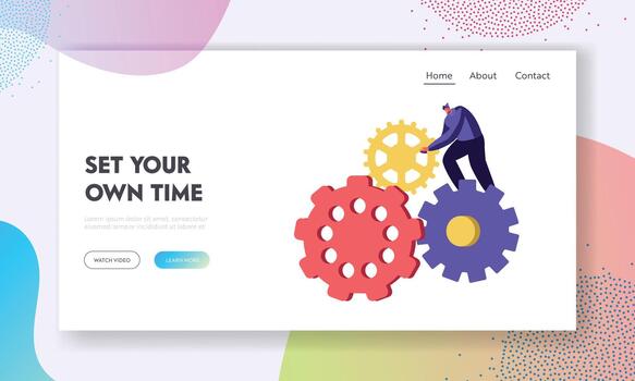 generando ideas sitio web aterrizaje página, minúsculo hombre personaje torneado enorme engranajes y ruedas dentadas mecanismo de relojes o reloj vector