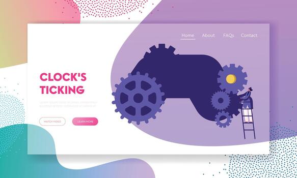 hora gestión, idea desarrollo concepto sitio web aterrizaje página, minúsculo mujer personaje en pie en escalera a enorme engranajes vector