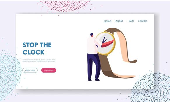 Time Management and Procrastination Website Landing Page, Tiny Man Holding Huge Watch in Hands. Planning and Strategy vector