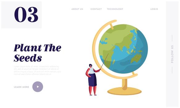Geography or Natural Science Lesson Website Landing Page. Female Teacher Character Stand with Pointer at Huge Globe vector