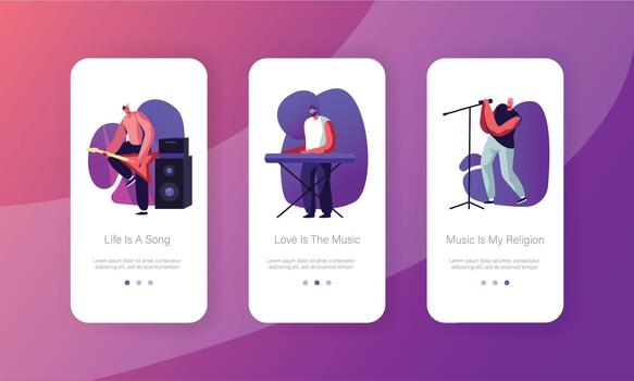 Rock Show Mobile App Page Onboard Screen Set. Men Artists Band on Stage Playing Musical Instruments Guitar and Synthesizer, Performing Concept for Website or Web Page, Cartoon Flat Illustration vector