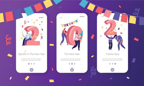 New Year 2020 Concept for Mobile App Page Onboard Screen Set. Happy People Celebrate Hold Huge Numerals, Confetti and Sparklers Drinking Champagne Website or Web Page, Cartoon Flat Illustration vector