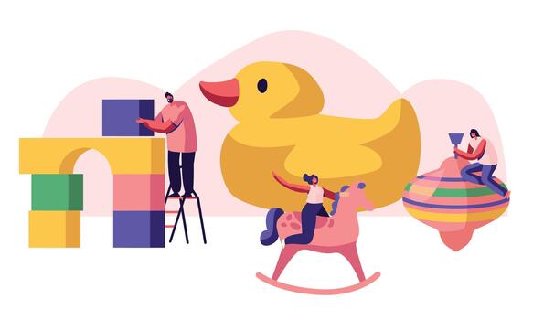 minúsculo caracteres jugando con diferente juguetes para niños edificio constructor bloques, montando de madera caballo jugar vector